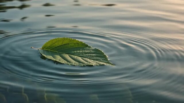 A green leaf gently floats across calm water as soft ripples form around it.