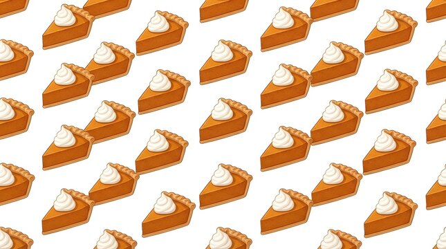 Seamless pattern with pumpkin pie slices with whipped cream isolated on white background