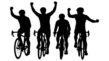 Obraz premium Victorious Cyclists Silhouette Vector Art - Triumphant Bicycle Riders Celebrating Success in Black and White Design