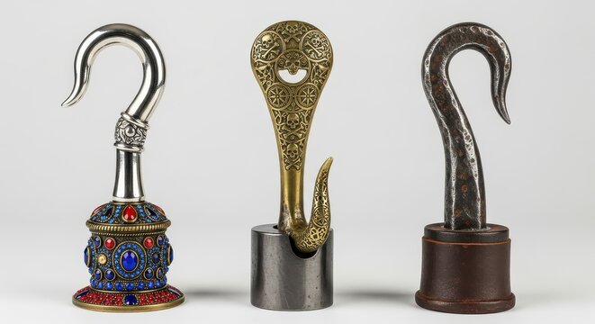 Three Different Pirate Hook Prosthetics Isolated on White Background - Ornate, Engraved, and Rustic Styles