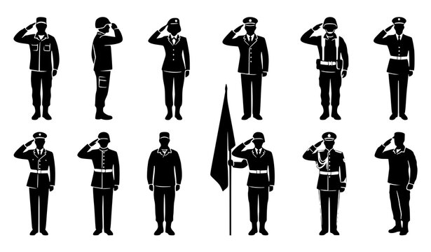 Saluting soldiers silhouette vector set, military personnel in formal salute poses
