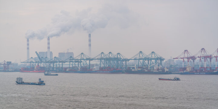 Port of Shanghai panorama with containership in the port and several container cranes and smog in Shanghai China