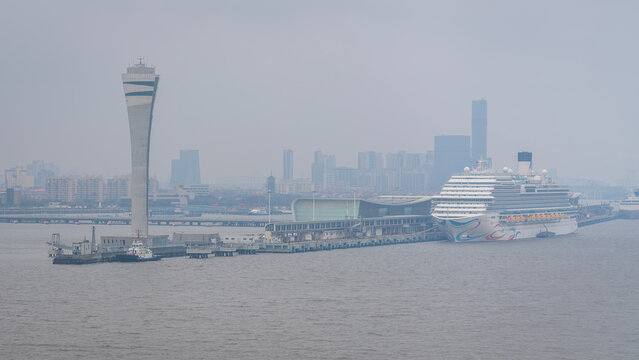 Shanghai Baoshan international port and cruise terminal with Adora magic city cruise ship in Shanghai China