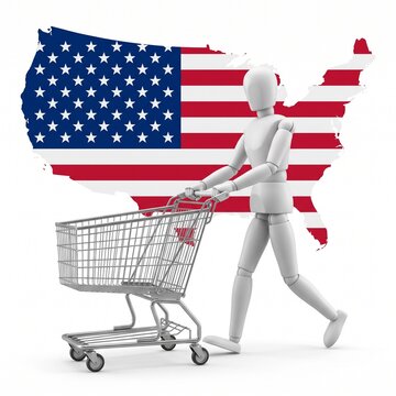 A 3D white mannequin figure pushing an empty metal shopping cart against a backdrop of a map of the United States featuring the American flag pattern, symbolizing consumerism and commerce in America.