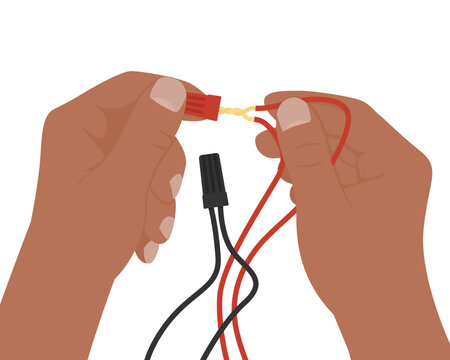 Hands Connecting Electrical Wires with Red Wire Nut Connector. Vector graphic for STEM education, robotics tutorials, DIY electronics guides, and wiring demonstration materials