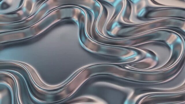 A rippling molten chrome surface flows in smooth silver waves with subtle blue-pink iridescent reflections.