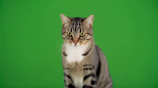 Tabby Cat Playfully Pounces and Sits on Green Screen Background with Cinematic Motion