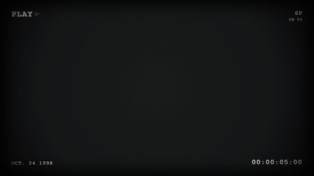 Retro VHS cassette tape visual overlay effect featuring classic play mode text on-screen display date counter glitch tracking lines and CRT texture on a dark background for video transition design