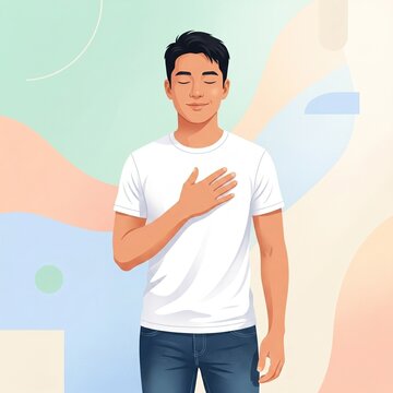 Peaceful young Asian man putting hand on chest feeling grateful and honest illustration