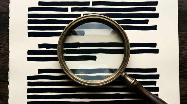 Magnifying Glass Over Redacted Document