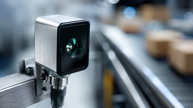 Industrial machine vision camera above a factory conveyor belt system