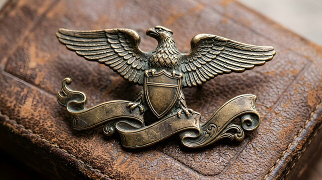 Vintage Metallic Eagle Emblem with Blank Ribbon on Leather Surface