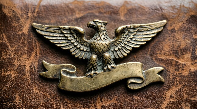 Vintage Metallic Eagle Emblem with Blank Ribbon on Leather Surface