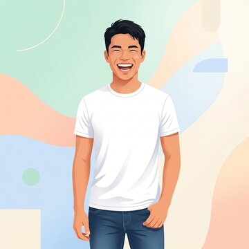 Happy cheerful young Asian man laughing out loud standing  pose illustrasion 