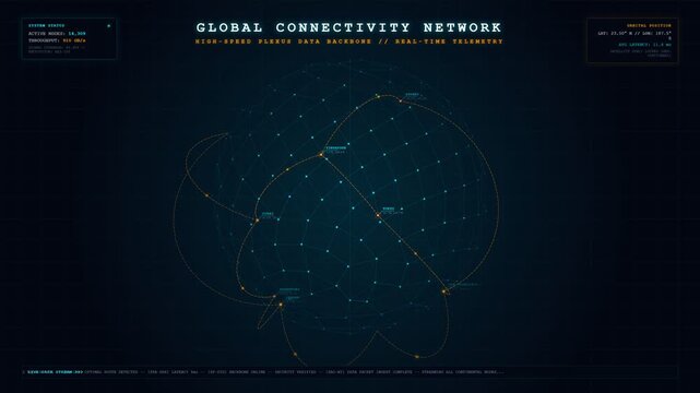 Futuristic HUD interface displaying a rotating digital plexus globe with global connectivity network, real-time data telemetry, glowing nodes, trajectory lines, and tech analytics in dark blue.