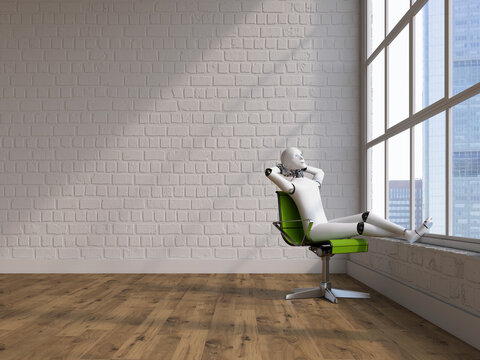 Robot sitting on swivel chair, looking out of window