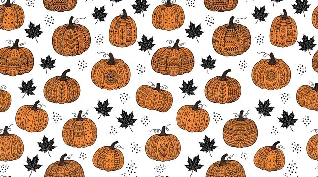Seamless pattern with decorative patterned pumpkins and maple leaves isolated on white background