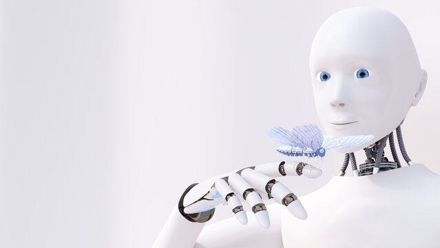 Robot looking at butterfly on his finger, 3d rendering