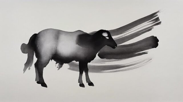 Traditional Japanese Sumi-e Ink Wash Painting of a Sheep
