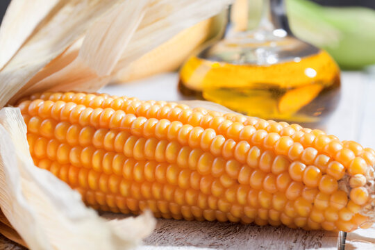 Corn cob with corn oil in background