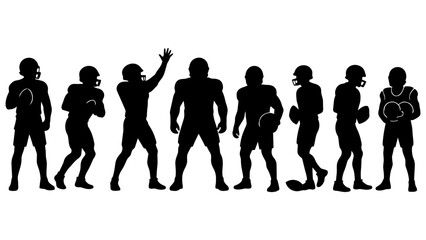 Obraz premium Set of Black and White Silhouette American Football Players in Various Action Poses for Sports Design, Posters, and Illustrations