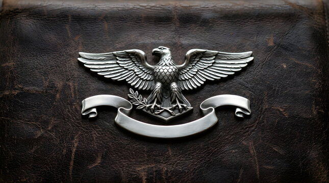 Vintage Pewter Eagle Emblem with Blank Banner on Leather Surface