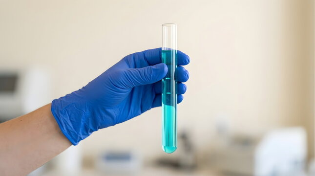 Gloved Scientist Holding Test Tube with Turquoise Liquid in Laboratory