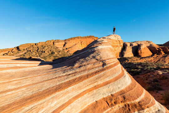 USA, Nevada, Valley of Fire State Park, colored sandstone and limestone rocks, tourist at the Fire Wave