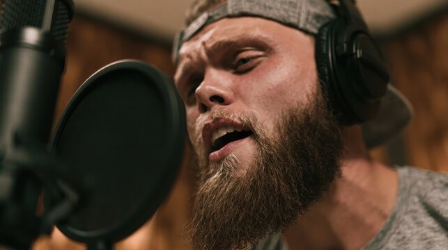 Bearded male vocalist with headphones passionately singing into a studio microphone with pop filter