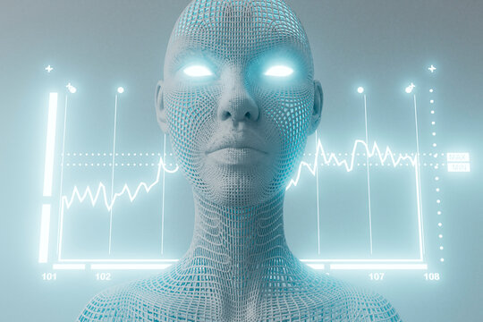 Futuristic AI humanoid analyzes digital finance market data