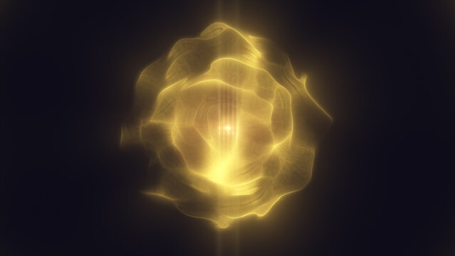 Abstract golden glowing energy orb with translucent fluid waves, soft plasma texture, and dark cinematic background.