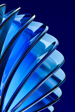Abstract 3D glass shapes create blue waves with reflections