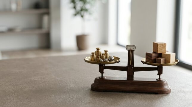 Brass Balance Scales with Weights on a Wooden Base