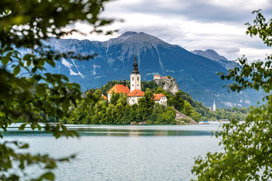 Lake Bled surrounds the island with the Pilgrimage church