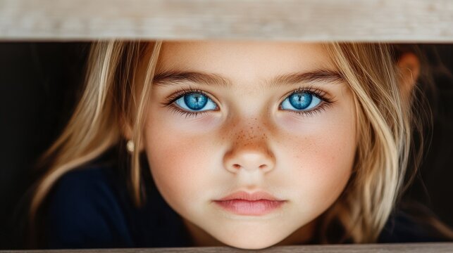 Caucasian young female child with blue eyes looking through wooden slats