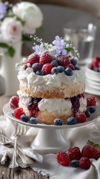 Berry layered cake with whipped cream and fresh flowers on rustic table