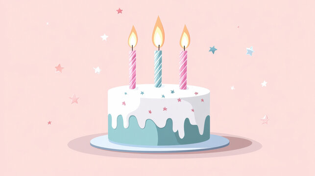 Pastel birthday cake with three lit candles on pink background