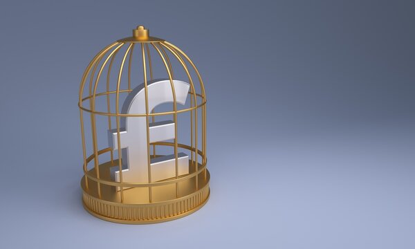 A silver pound sterling symbol is trapped inside a golden birdcage
