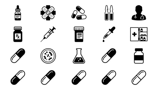 Medical Pharmacy and Healthcare Silhouette Icon Set Featuring Pills Capsules Medicine Bottles Syringes Droppers Flasks Bandages and Doctor Profile Symbols