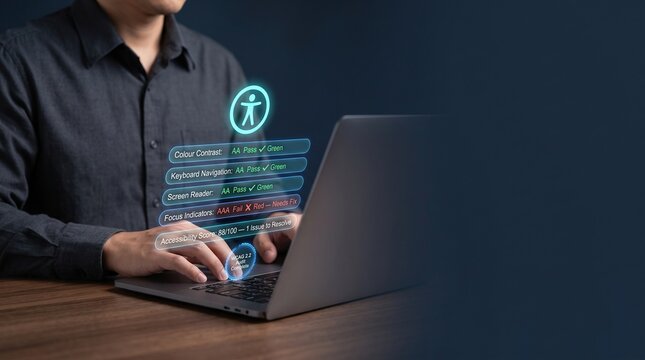 WCAG accessibility audit dashboard on laptop with holographic compliance testing, showing color contrast, keyboard navigation, screen reader and focus indicator results with clean copy space