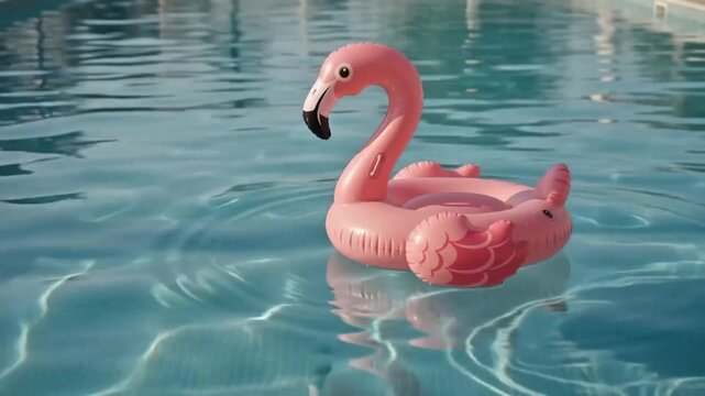 A playful pink flamingo pool float gently drifts across a sunlit swimming pool.