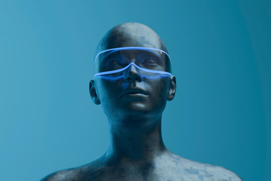 A metallic humanoid wears a glowing blue visor in cyberspace