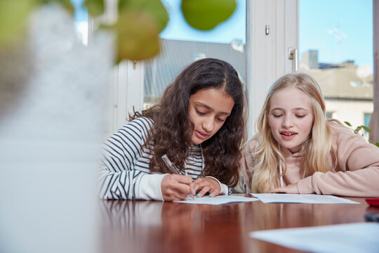 Two girls doing homework together