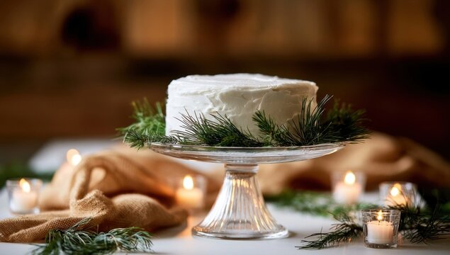 White frosted cake on glass stand with pine sprigs and candlelit holiday setting