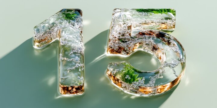 Glass-effect numbers 15 with nature elements inside