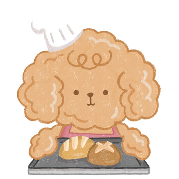 Cute Brown Poodle Baking Bread Baker Chef Hand Drawn Clipart