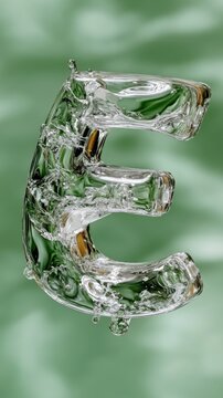 Transparent glass letter e with water drops on green background