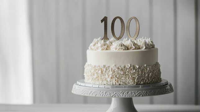 Elegant white cake with "100" topper celebrating milestone occasion