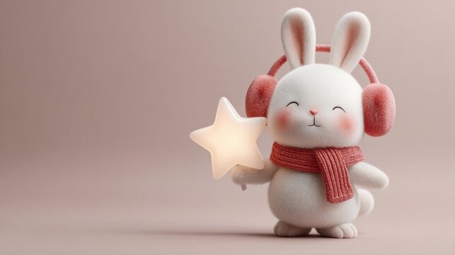 Cute bunny with headphones holding star shaped light on soft background