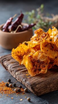 Spicy crunchy nachos with peppers and herbs on rustic wooden board